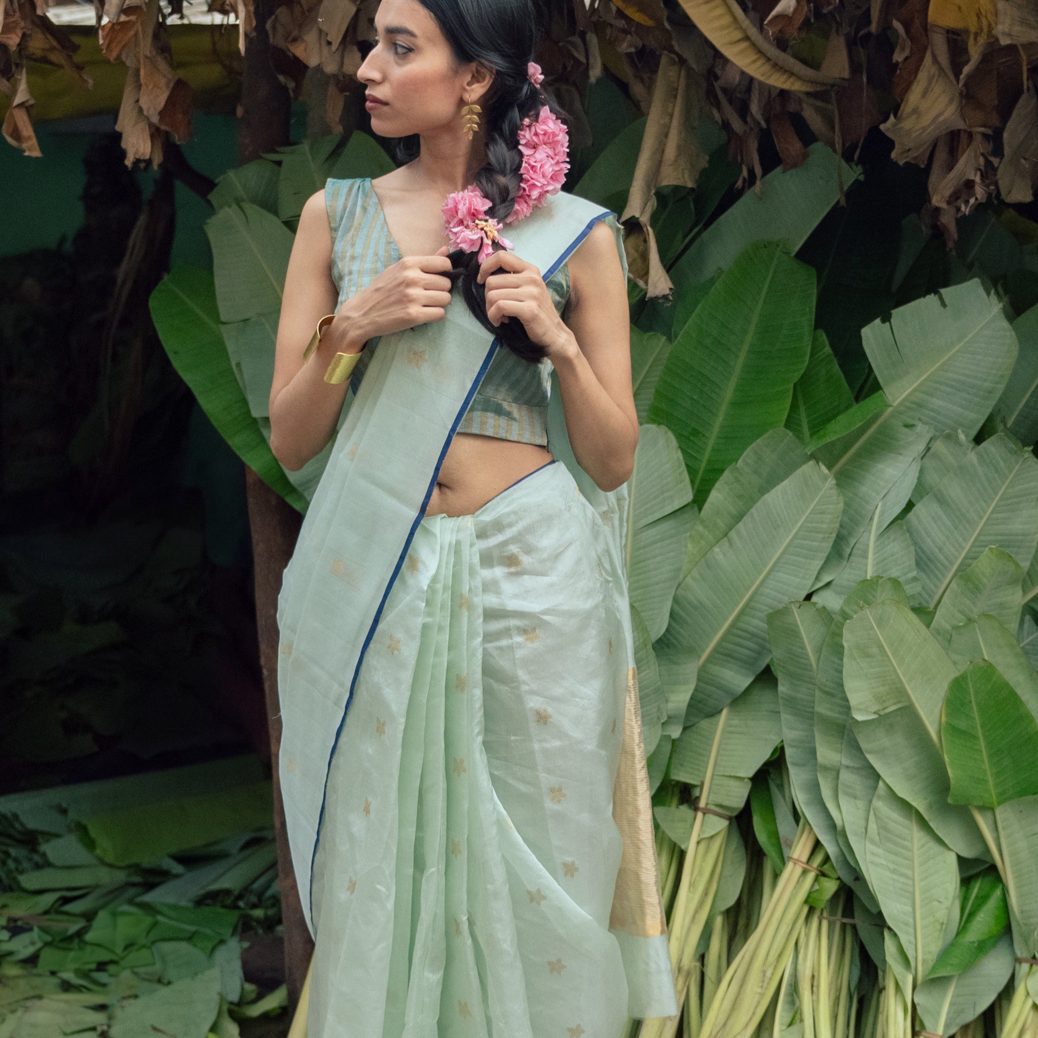 Handloom Aqua green Chanderi Saree With Gold Motifs