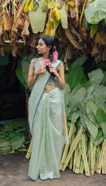 Handloom Aqua green Chanderi Saree With Gold Motifs