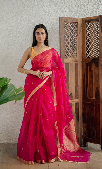 Handloom Pink Chanderi Saree With Heart Motifs