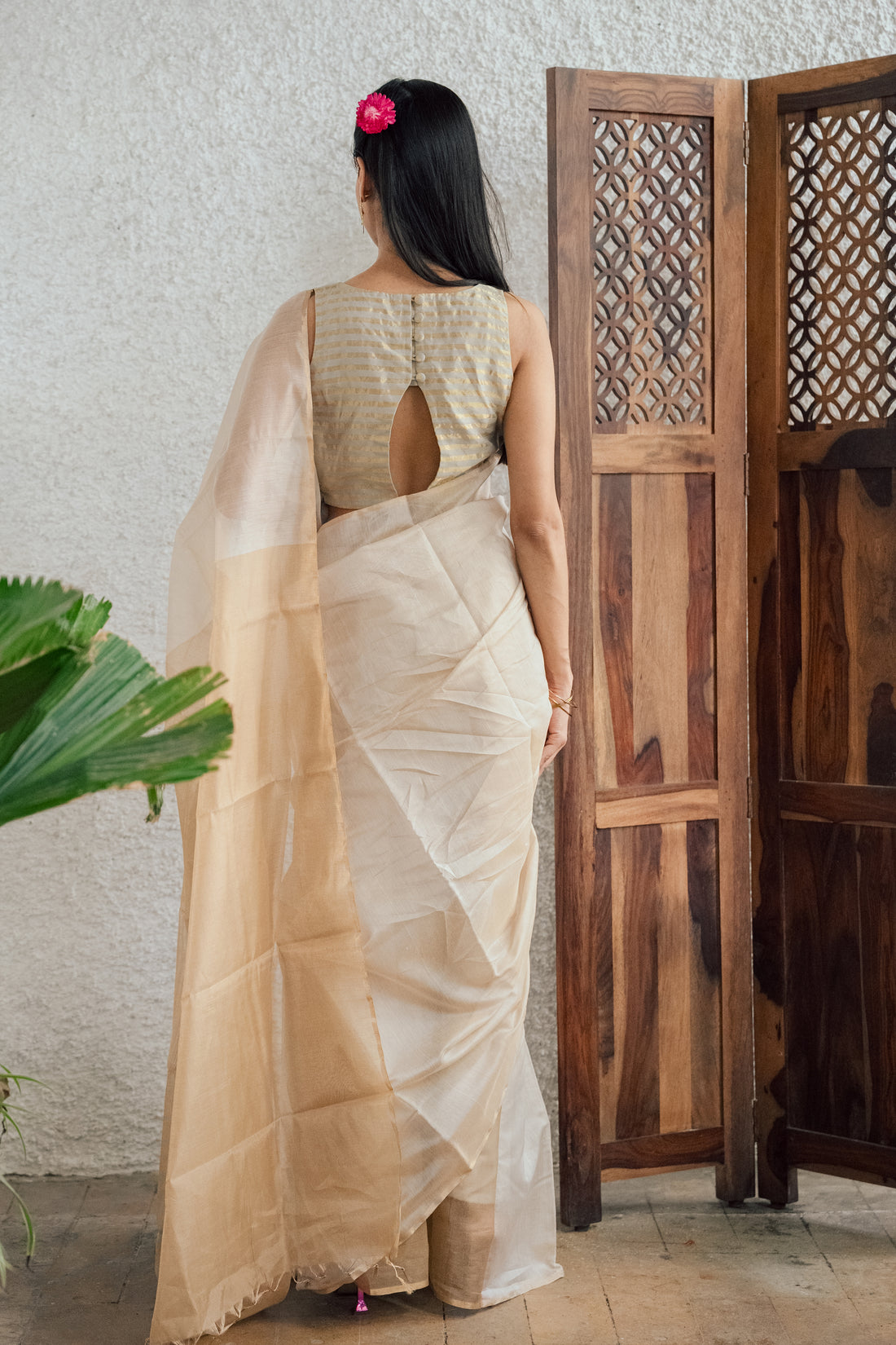 Handwoven Beige Chanderi Tissue Saree