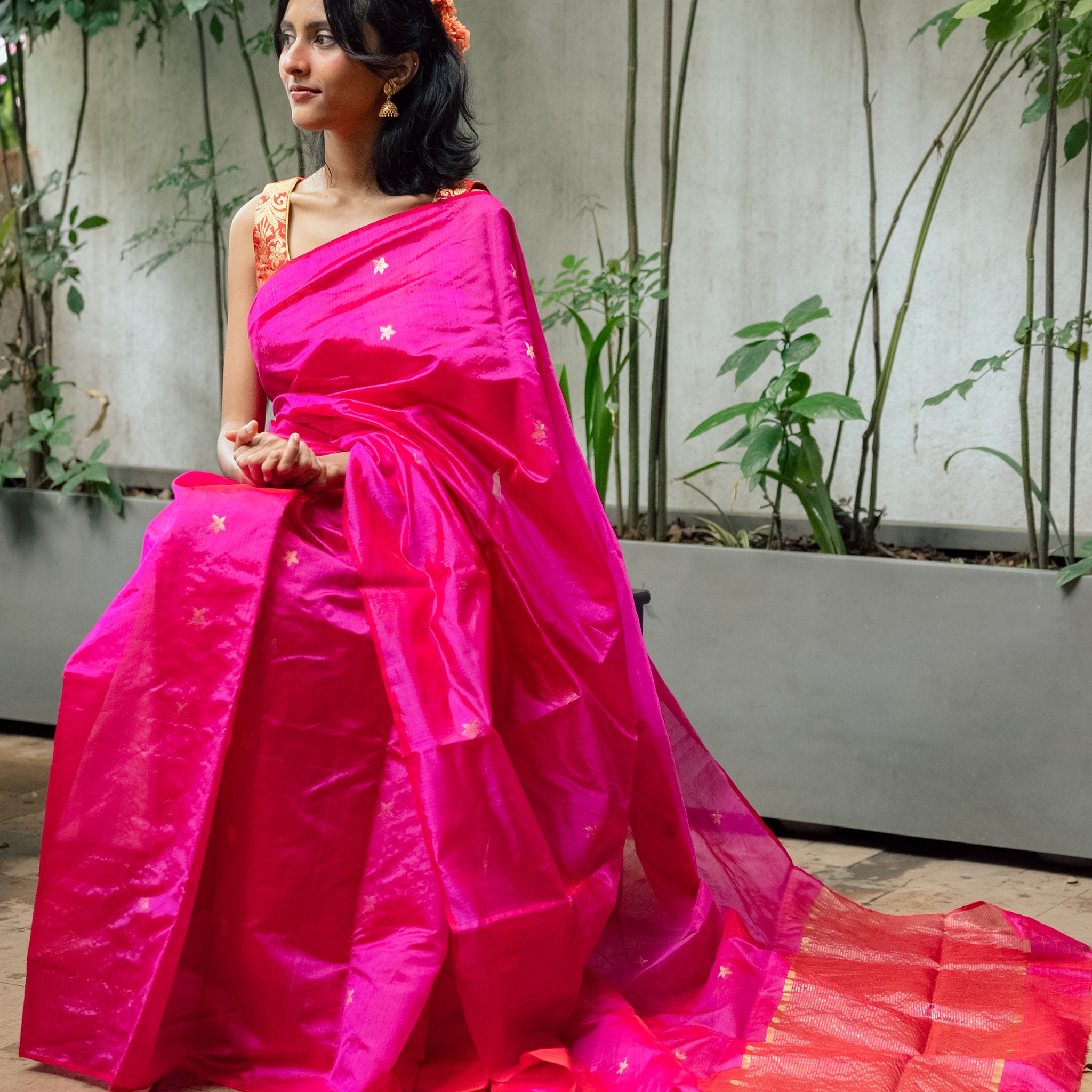 Handloom Pink Chanderi Saree With Gold Motifs