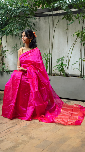 Handloom Pink Chanderi Saree With Gold Motifs