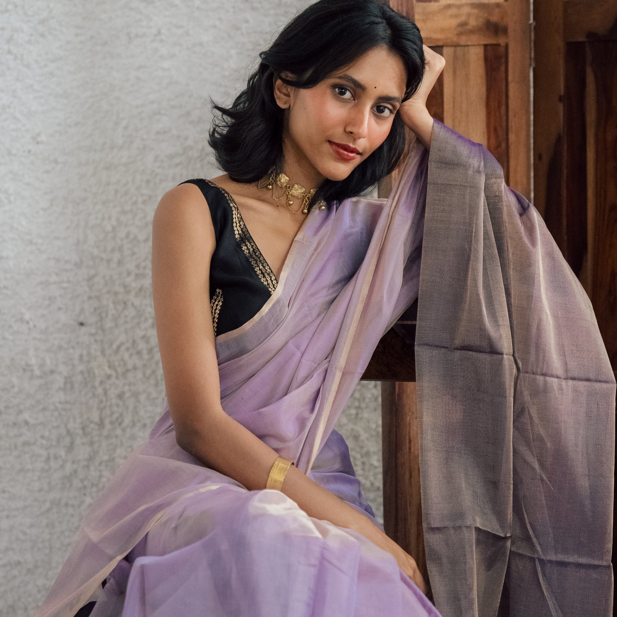 Handwoven Lavender and Black Chanderi Tissue Saree