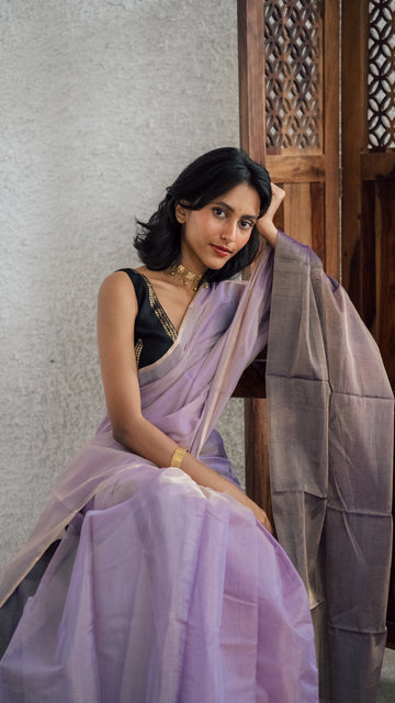 Handwoven Lavender and Black Chanderi Tissue Saree