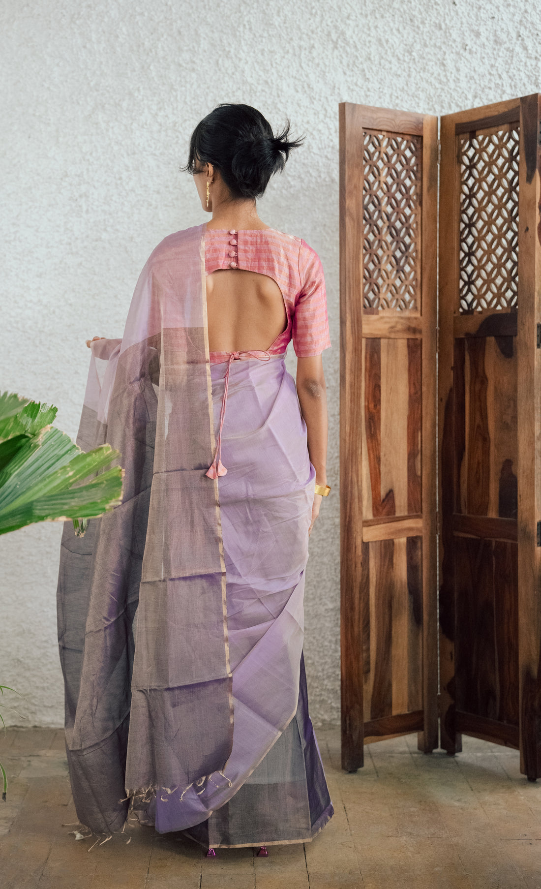 Handwoven Lavender and Black Chanderi Tissue Saree