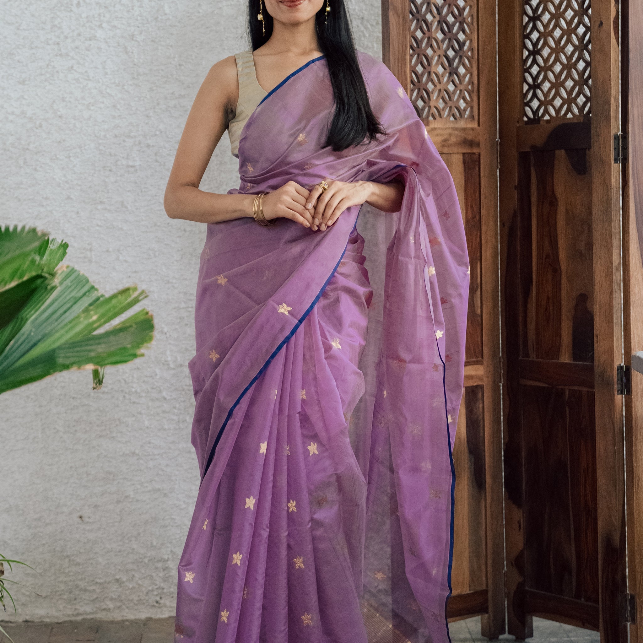 Handloom Purple Chanderi Saree With Gold Motifs