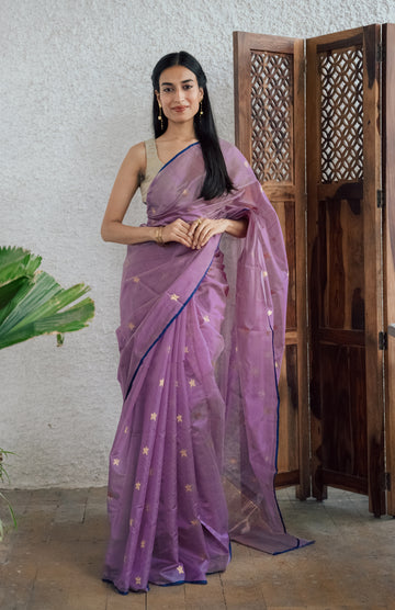 Handloom Purple Chanderi Saree With Gold Motifs