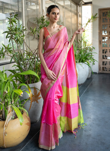 Handwoven Pink & Green Mangalgiri Saree