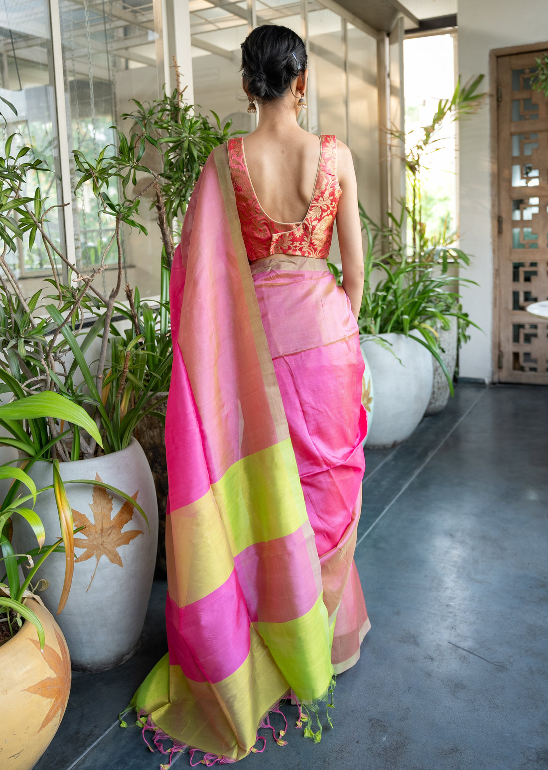 Handwoven Pink & Green Mangalgiri Saree