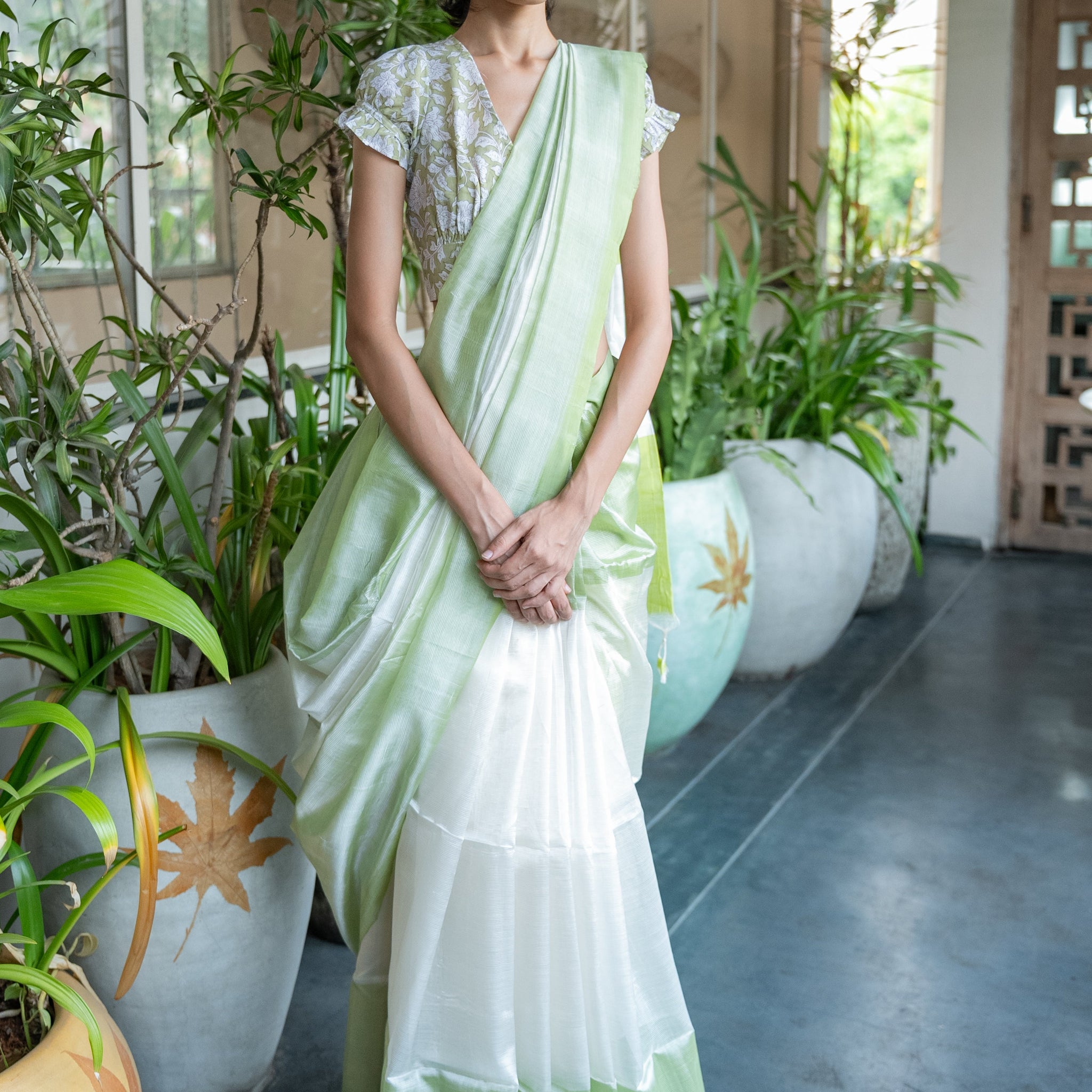 Handloom White & Green Mangalgiri Cotton Silk Saree