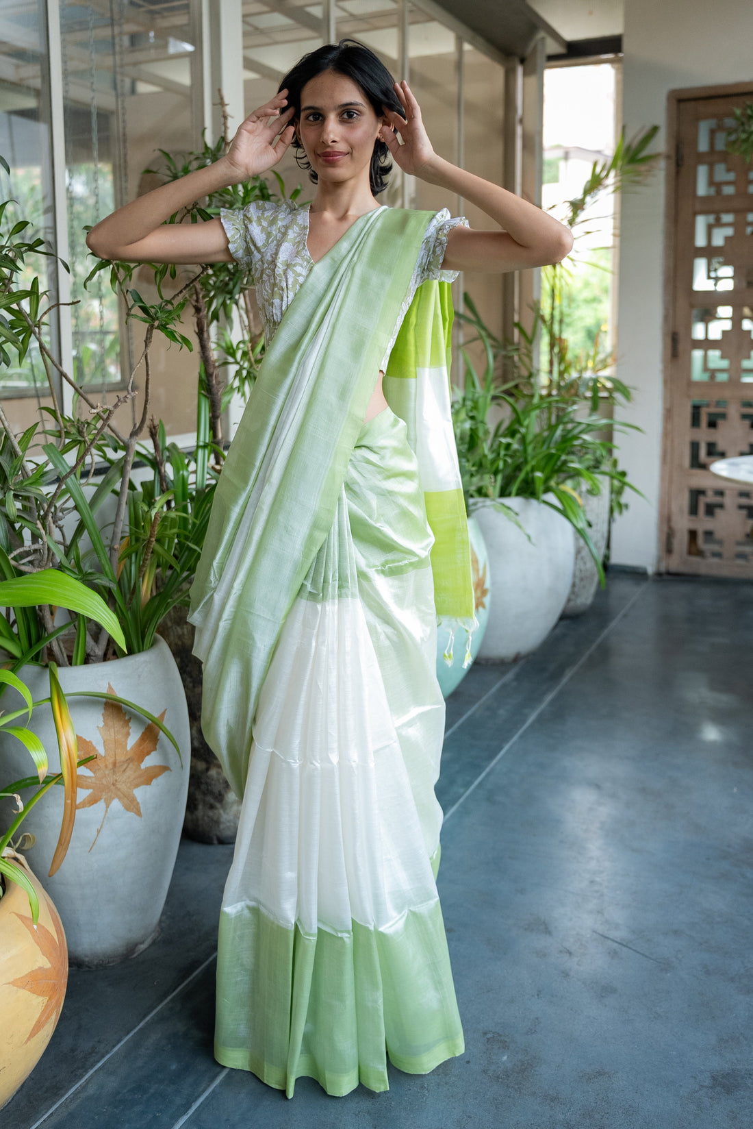 Handloom White & Green Mangalgiri Cotton Silk Saree