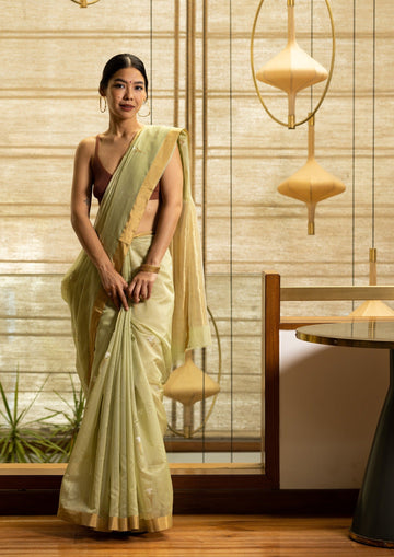 Handwoven Green Chanderi Saree With Tulip Motifs