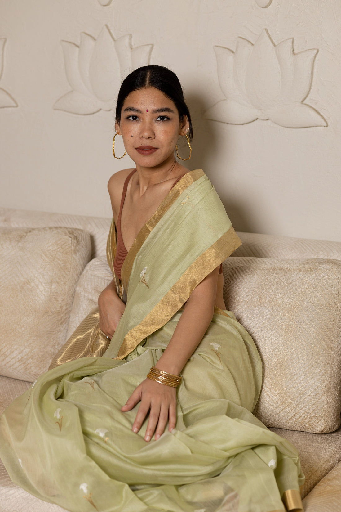 Handwoven Green Chanderi Saree With Tulip Motifs