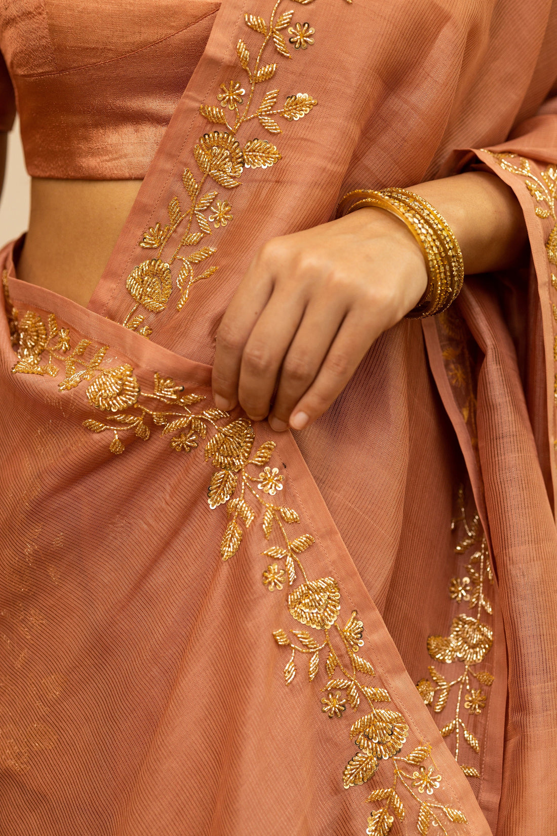 Handwoven Mangalgiri Coral Saree With Gold Motifs