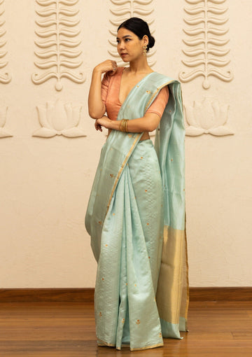 Handloom Chanderi Blue Saree With Golden Tulips