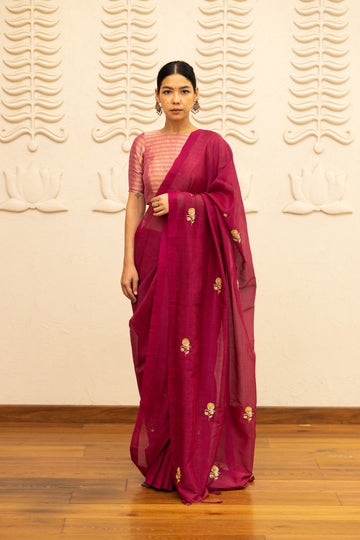 Handwoven Mangalgiri Pink Saree With Gold Motifs