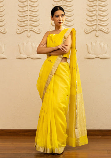 Handwoven Yellow Chanderi Saree With Golden Tulips