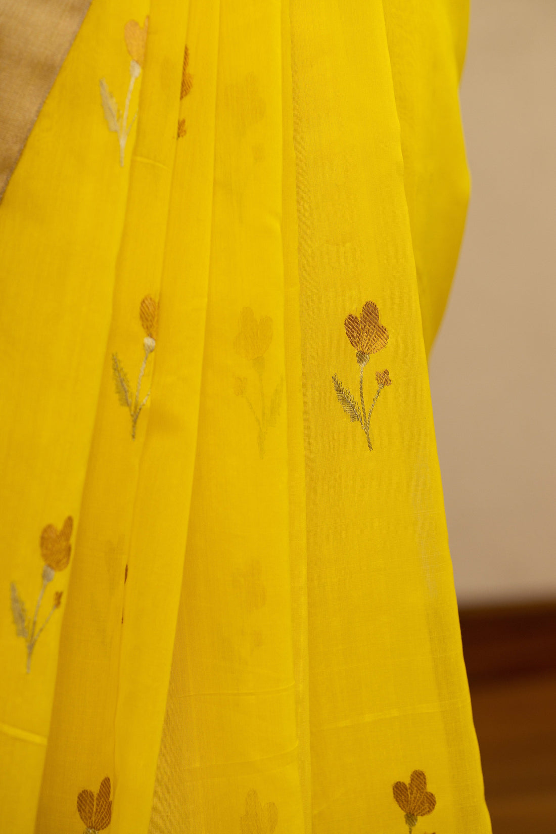 Handwoven Yellow Chanderi Saree With Golden Tulips