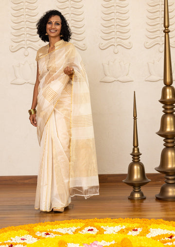 Handwoven Beige & Gold Chanderi Tissue Saree