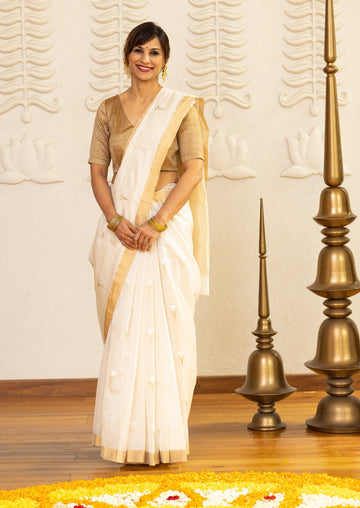 Handwoven Chanderi Cotton Silk White & Gold Tulip Saree