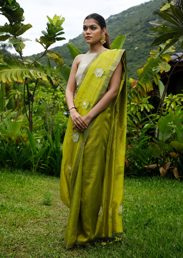 Handwoven Handembroidered Lime Green Mangalgiri Saree