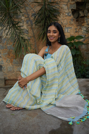 Handloom Linen Striped Green Saree