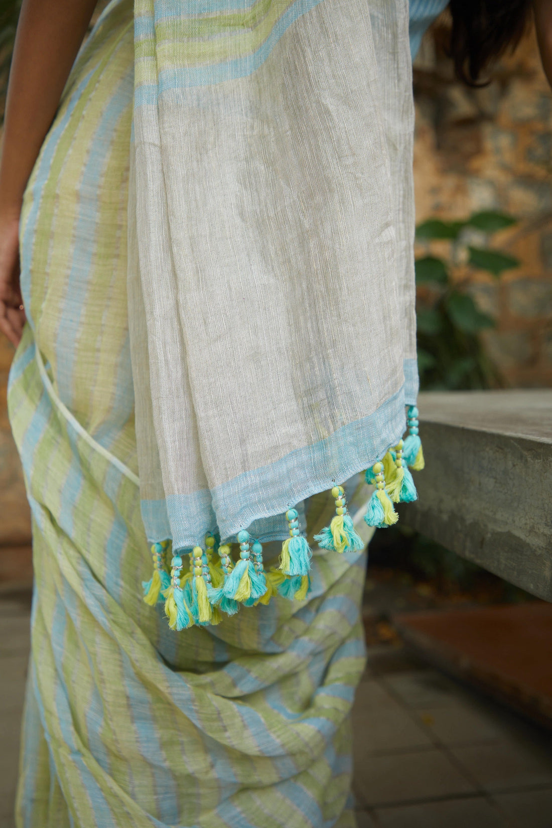 Handloom Linen Striped Green Saree