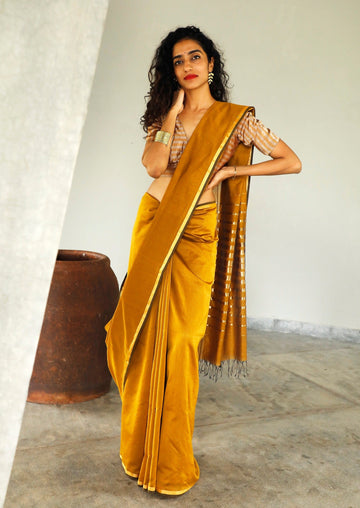 Handwoven Mustard & Gold Maheshwari Cotton Silk Saree