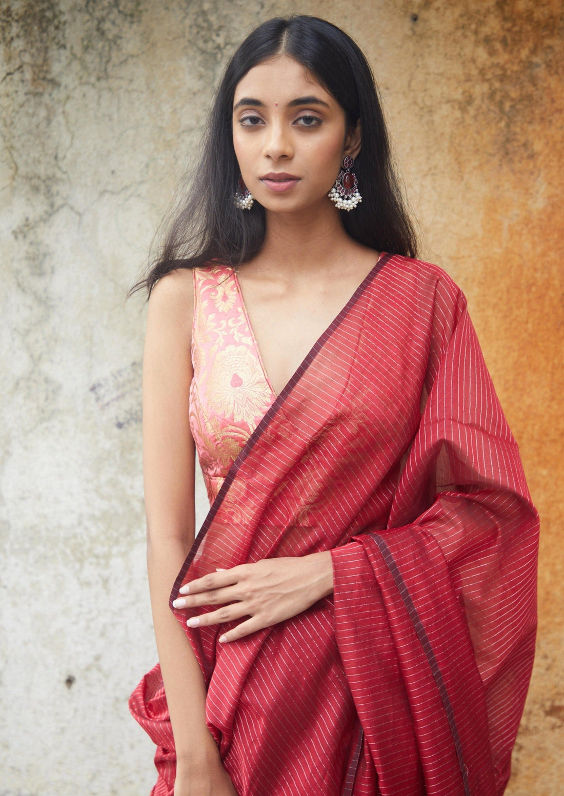 Handwoven Maroon Maheshwari Tissue Saree