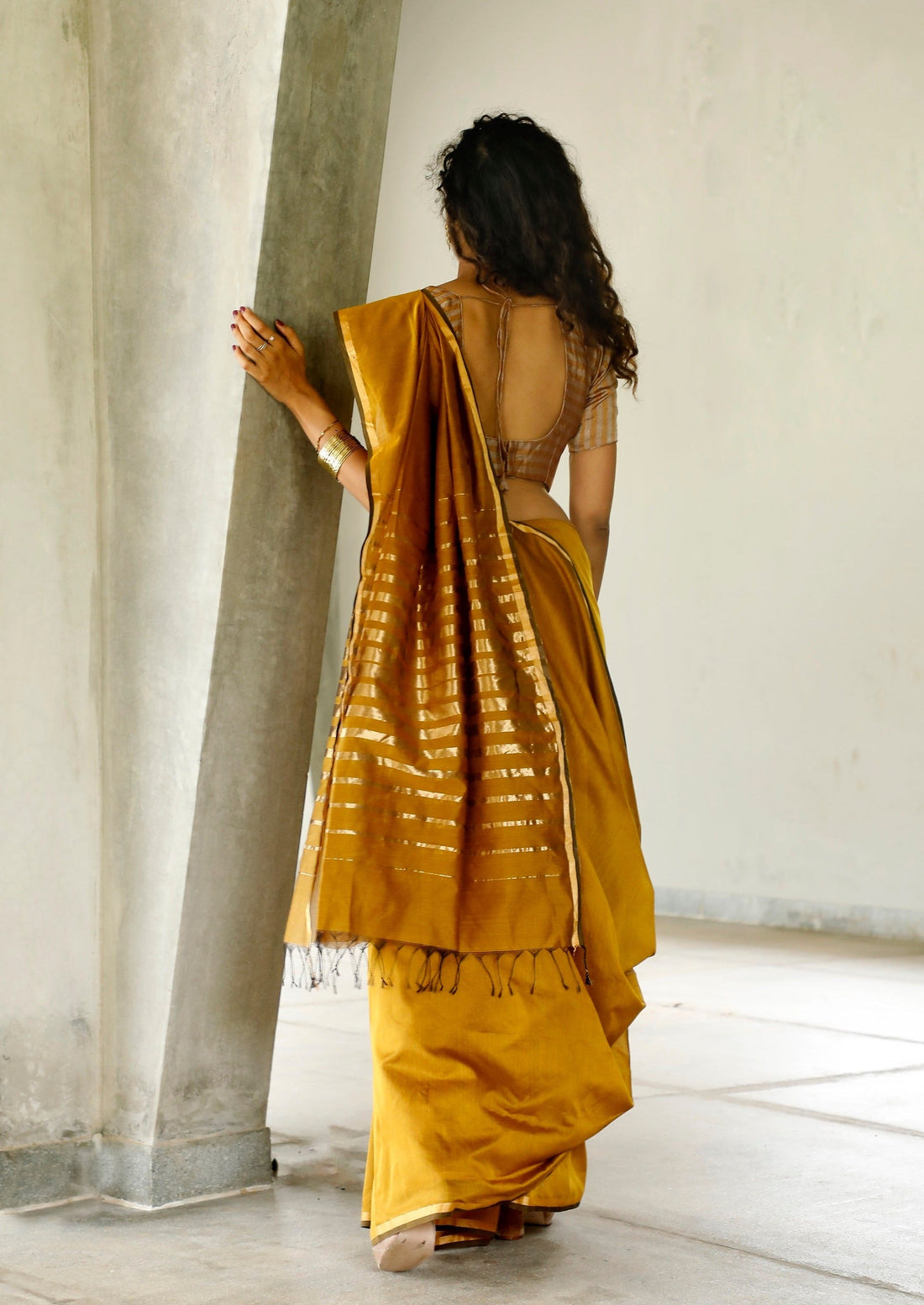 Handwoven Mustard & Gold Maheshwari Cotton Silk Saree