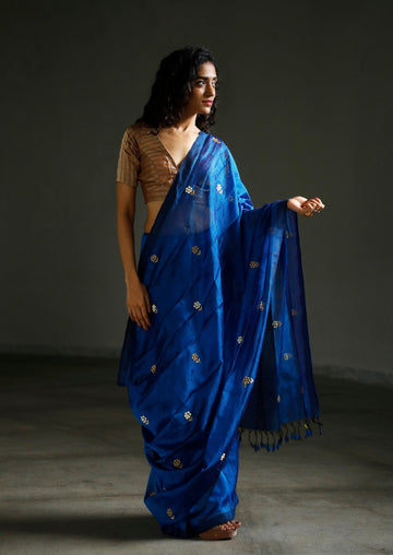 Handwoven Handembroidered  Indigo Mangalgiri Saree