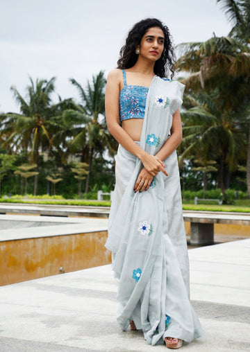 Handwoven Handembroidered  Silver Mangalgiri Saree