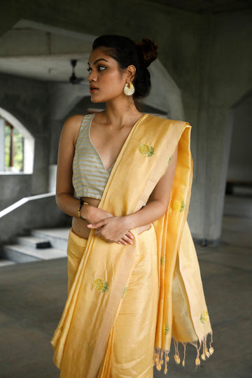 Handwoven Handembroidered  Beige Mangalgiri Saree