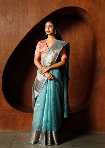 Handwoven Teal Organza Banarasi Saree