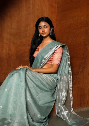 Handloom Blue Chanderi Silk Saree With Tulip Motifs