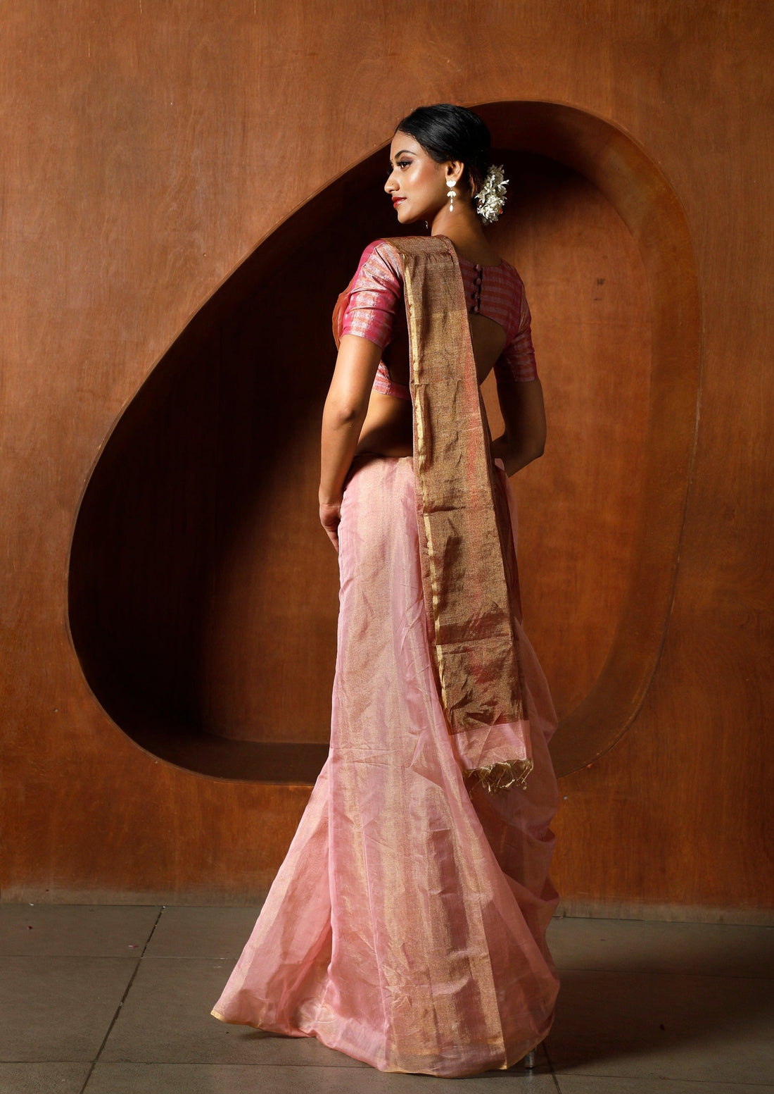 Handwoven Pink & Brown Chanderi Tissue Saree