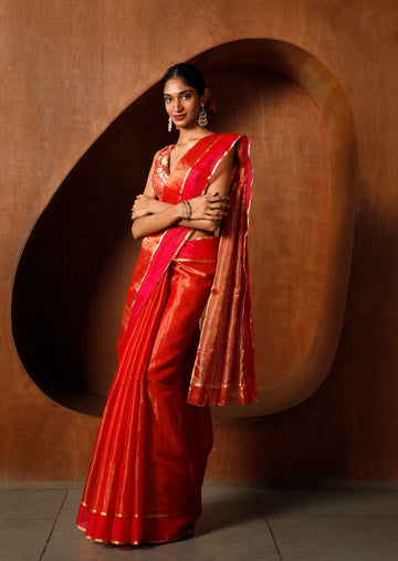 Handloom Red & Gold Chanderi Tissue Saree