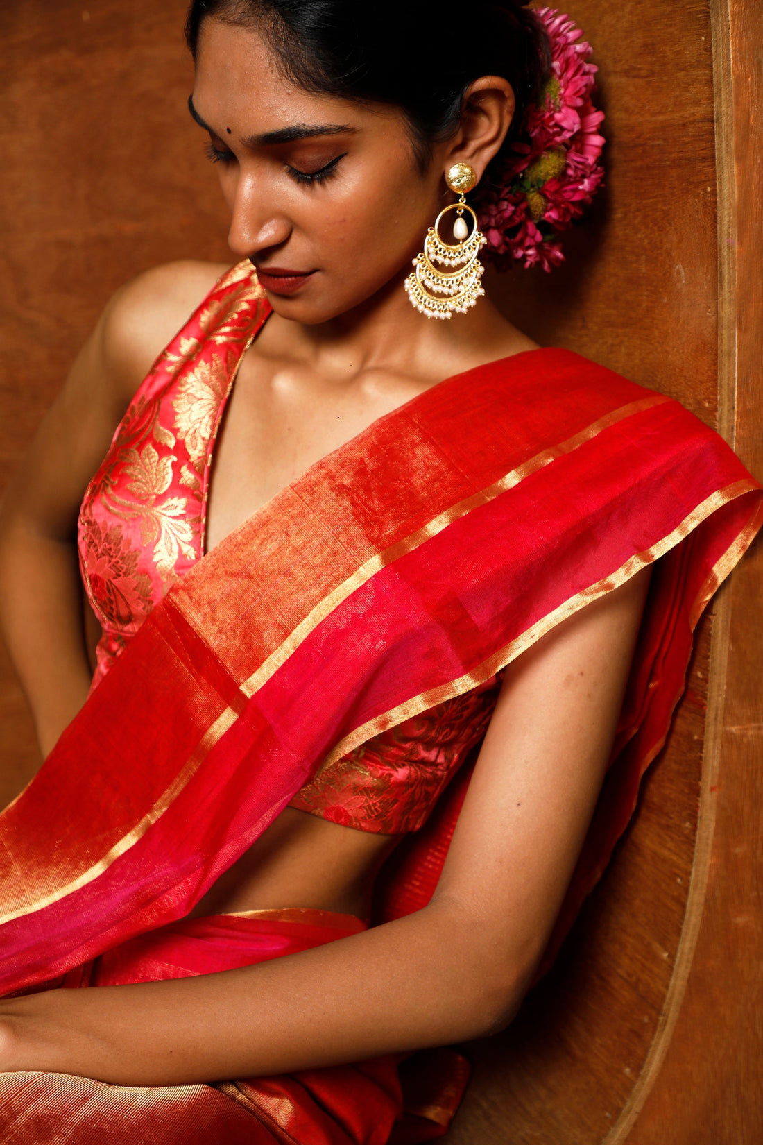 Handloom Red & Gold Chanderi Tissue Saree