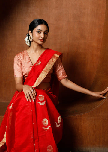 Handwoven Red & Gold Chanderi Saree