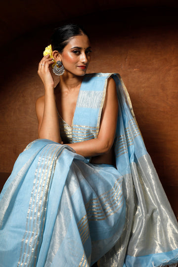 Handloom Blue & Gold Chanderi Tissue Silk Saree