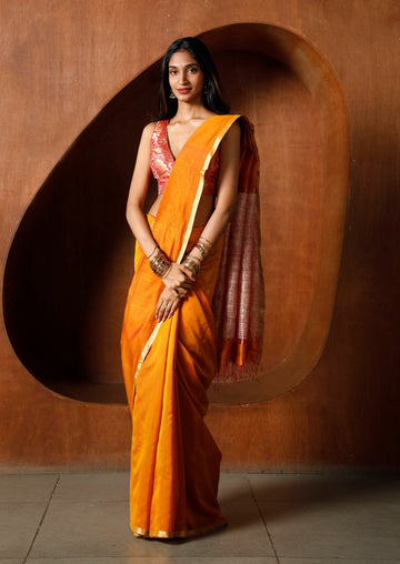 Handwoven Rust Orange Maheshwari Saree