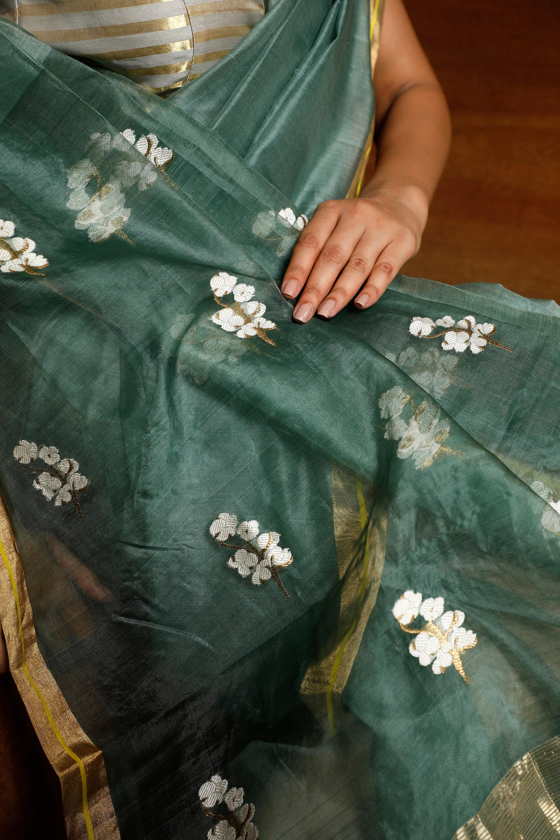 Handloom Green Chanderi Saree With White Flowers