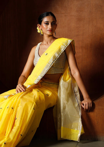 Handwoven Yellow Chanderi Silk Cotton Saree With Tulips