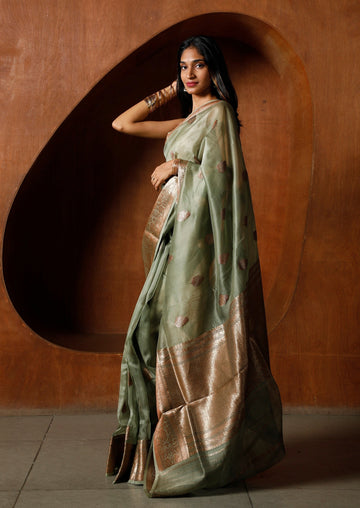 Handwoven Green Organza Banarasi Saree