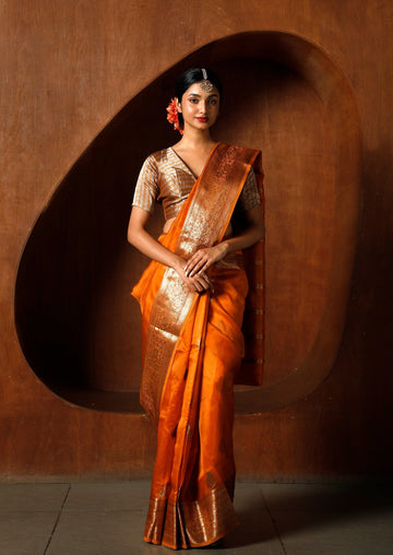 Handwoven Orange Organza Banarasi Saree