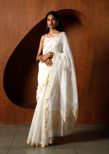 Handloom White & Gold Chanderi Saree With Bird Motifs