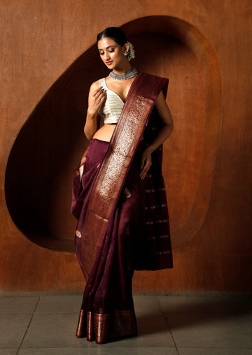 Handwoven Burgundy Organza Banarasi Saree