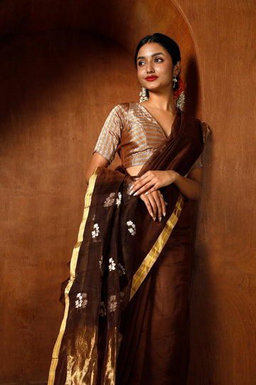 Handwoven Brown Chanderi Saree With White Flowers