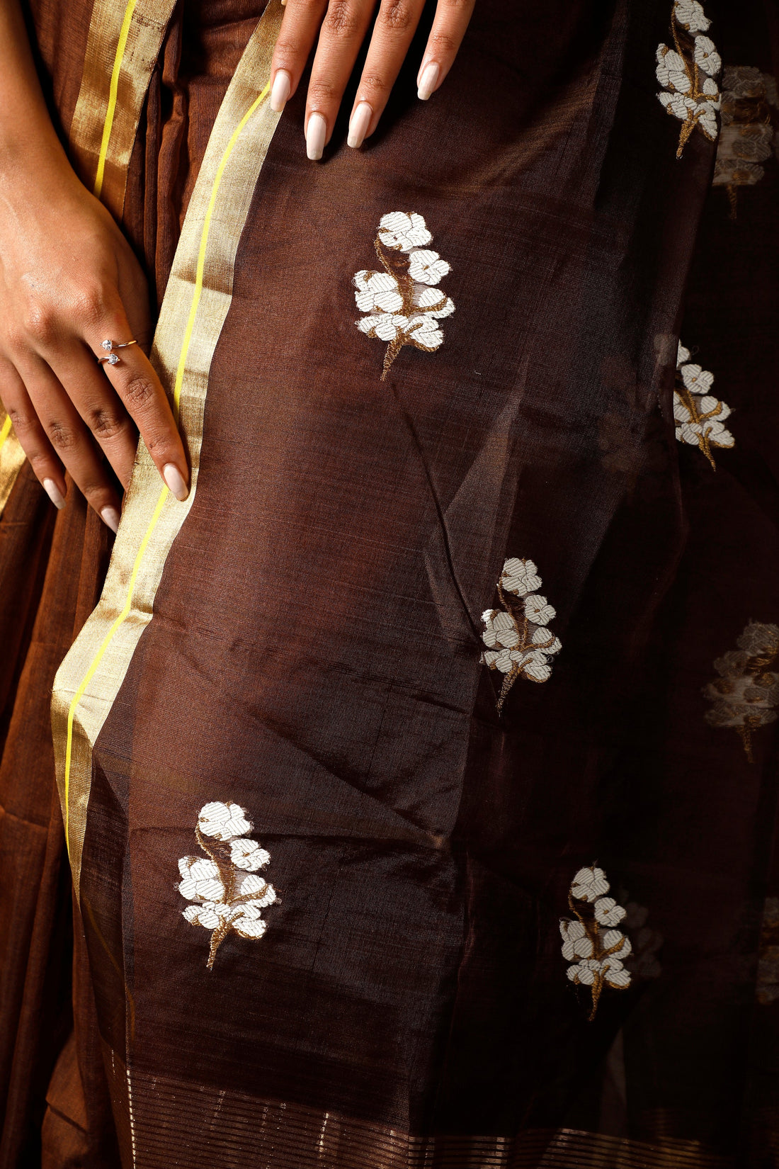 Handwoven Brown Chanderi Saree With White Flowers