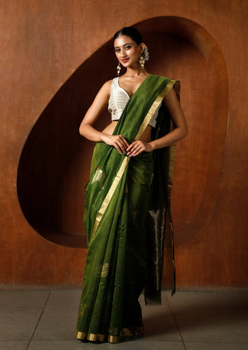 Handwoven Green & Gold Chanderi Saree